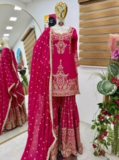 Traditional Wear Chinnon Silk Top Palazzo With Dupatta For Wedding