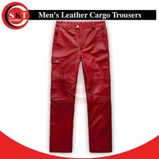 Men's Red Leather Pant Genuine Lambskin Leather Cargo Flap Pants Classic Style