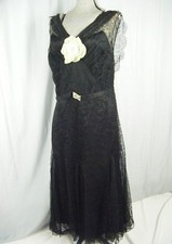 Antique 1920-30s Black Floral Lace Flapper Long Dress w/Lace Cape-Bust 38/S-M