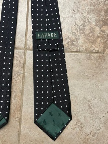 Lauren Ralph Lauren Mens Neck Tie 100% Silk Black White Polkadot - Picture 4 of 9