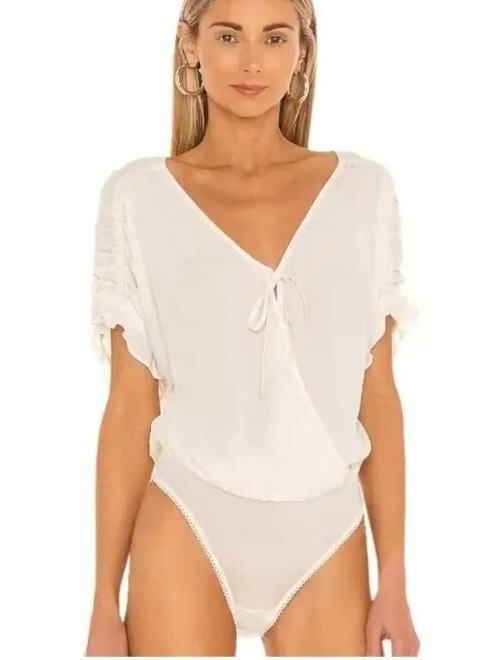 Free People Cleo Draped Split Neck Short Sleeve Viscose Bodysuit Size S Ivory