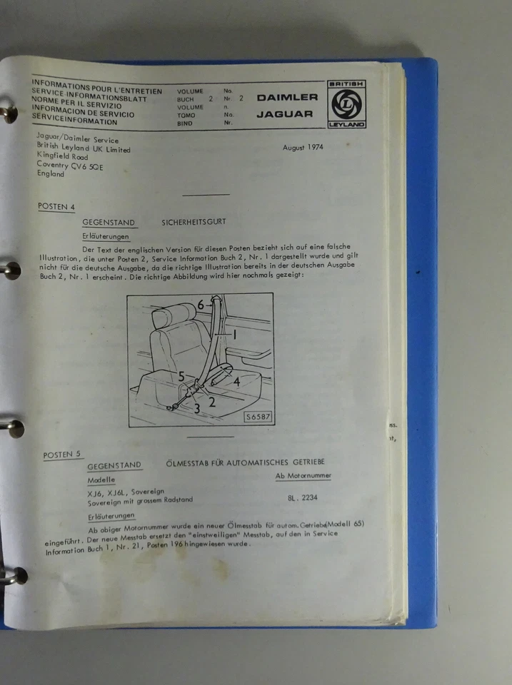 Service Informationen Jaguar XJ 6 / 12 + E-Type V12 Stand 1972 - 1974 — 第 2/4 张图片