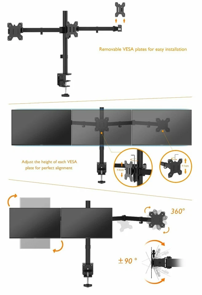 Triple Monitor Mount Three Arm Desk Stand LCD LED Monitor PC 13”-24” Screen TV - Image 2 of 3