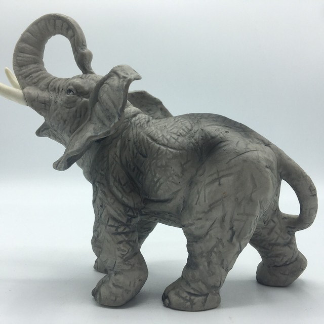 Vtg Bisque Porcelain Trumpeting Grey Elephant Figurine Upturned Trunk