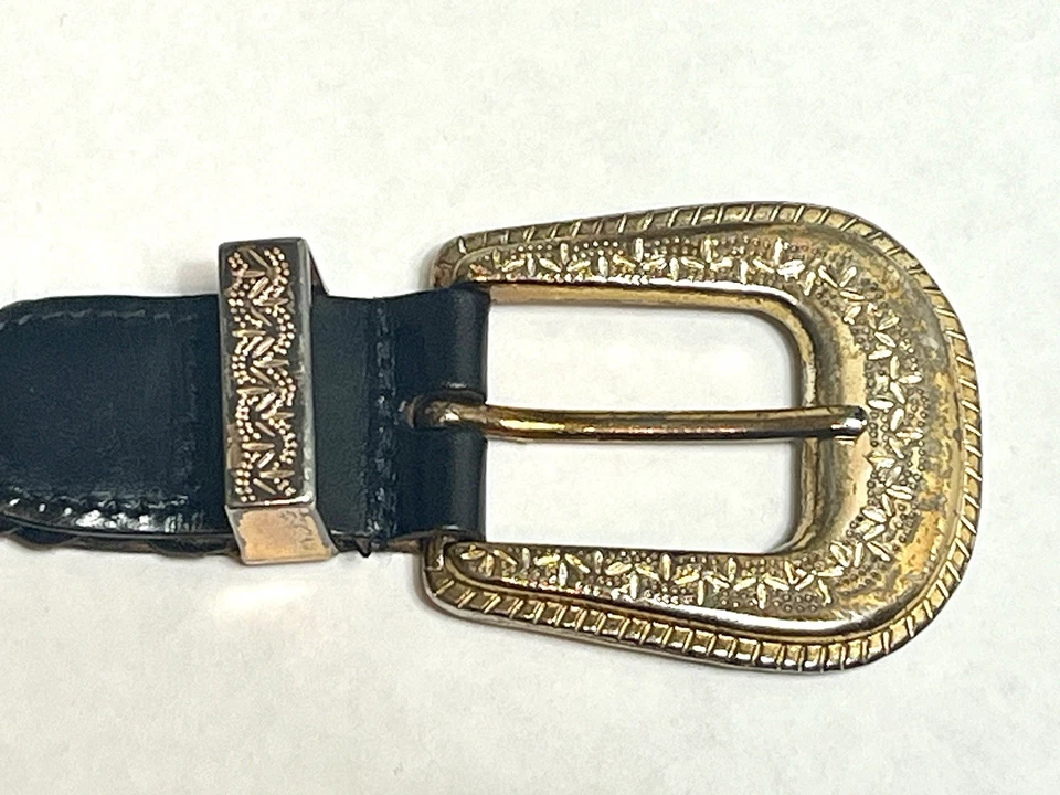 Cinturón De Colección Express Talla S Cuero Trenzado Negro Hebilla Grabada Dorada Western Boho Foto 2 de 4