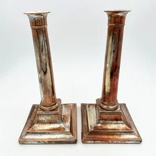 PAIR COLUMN CANDLESTICKS OLD SHEFFIELD PLATE GEORGE III c1790 A/F