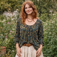 Natural Life Iris Cotton Long Sleeve Peasant Top Navy Size M Tan Dahlias Earthy