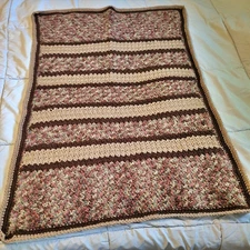 Handmade Crocheted Blanket , tan, brown, verigated: green burgundy, 30" x 44"