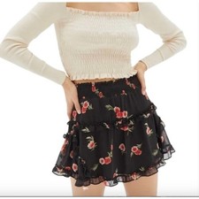 Urban Outfitters black ruffle red floral mini skirt size small NWT