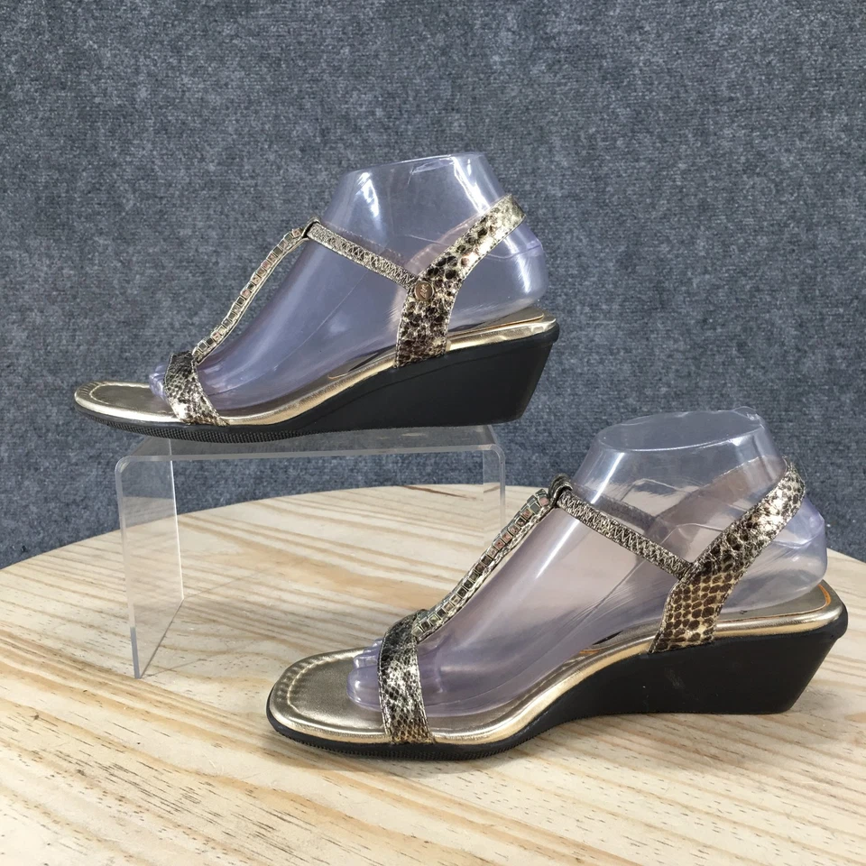 Anne Klein Sandals Womens 8M Missie T-Strap Gold Faux Leather Casual Wedge Heels - Image 2 of 4