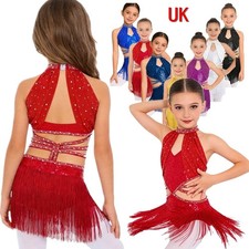 UK Girls Sequin Tassel Latin Dance Dress Fringe Bodysuit Professional Ballroom 