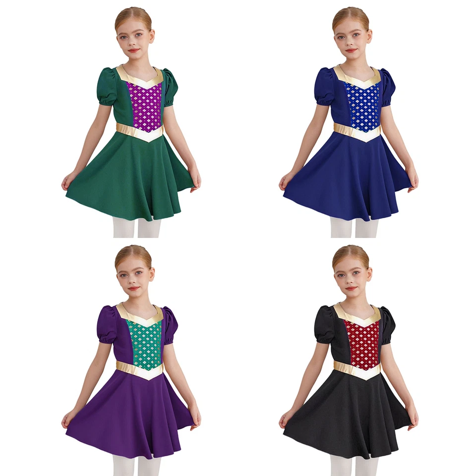 Niños Niñas Ropa de Baile Manga Corta Disfraz Color Contraste Vestido Estampado Retazos Foto 3 de 4