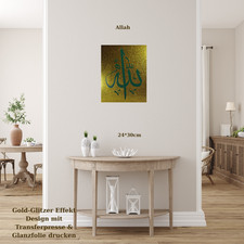 Edles Wandbild "Allah" Schriftzug | Gold-Glitzer Optik | Islamische Kalligrafie