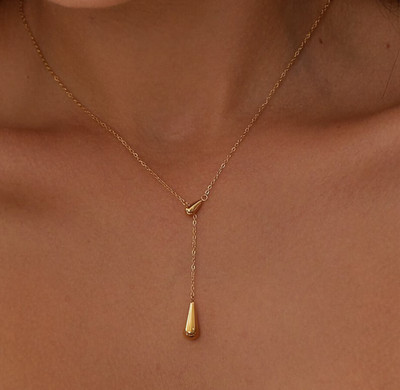 18K Yellow Gold Over Teardrop Minimalist Style Droplet Pendant with 18'' Necklace