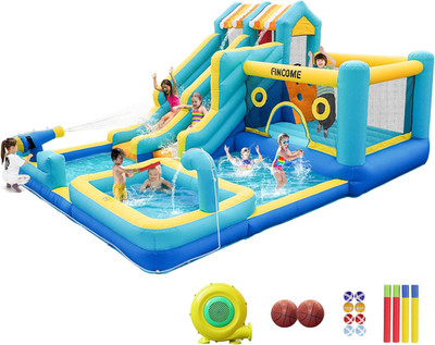 Inflatable Bounce House, 10 in 1 Double Water Slide w 750W Blower, Climbing Wall