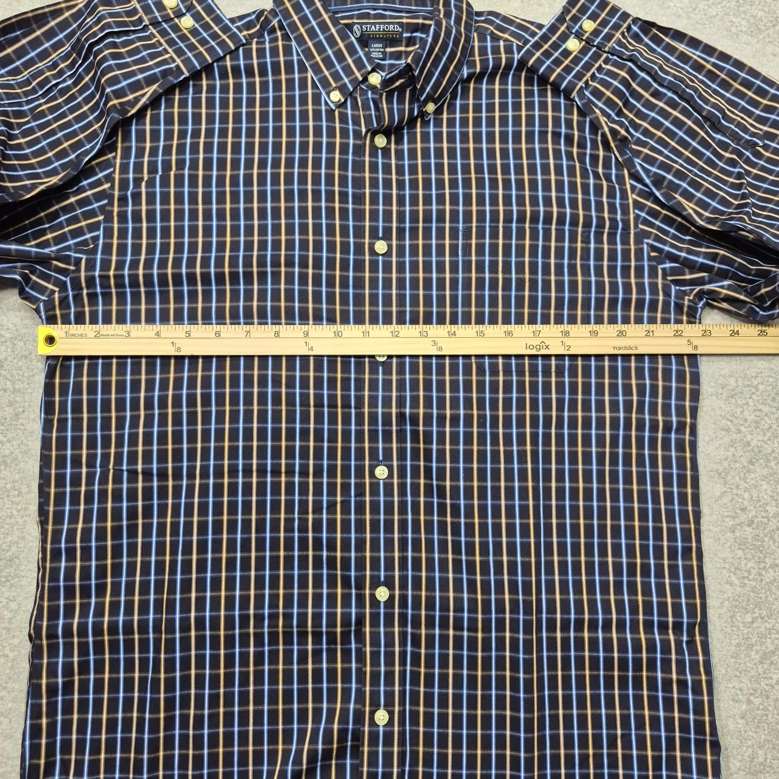 Stafford Signature Mens Shirt L Blue Yellow Plaid Button Down Wrinkle Iron Free image 2