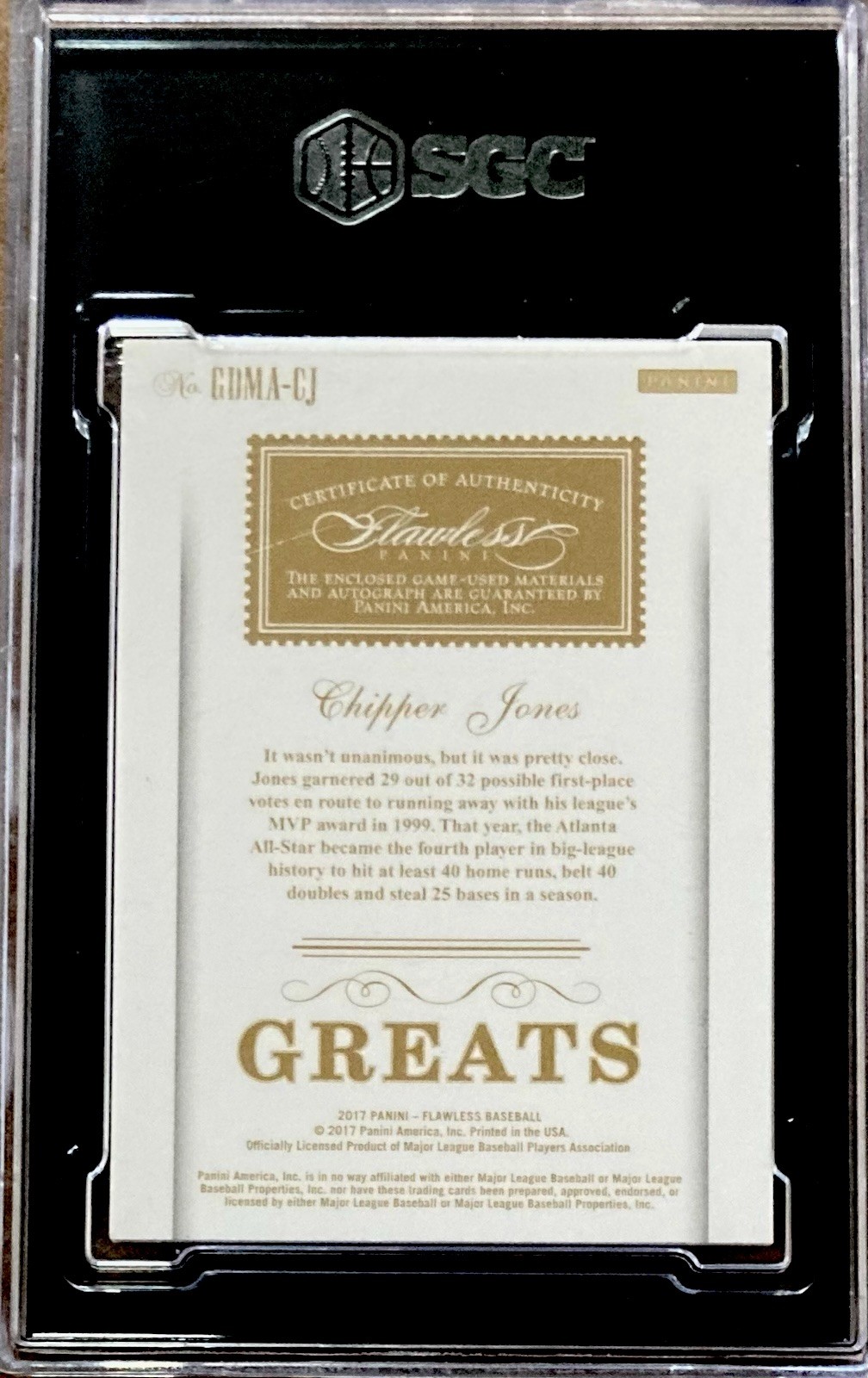 2017 Panini Flawless Chipper Jones RELICS DUAL RUBY /15 SGC 9.5 w/10 AUTO view 2