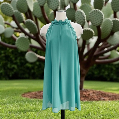 #ad #ad BCBG Generation Turquoise Halter Neck Shift Dress Sleeveless Chiffon Ruffle Trim $30.82