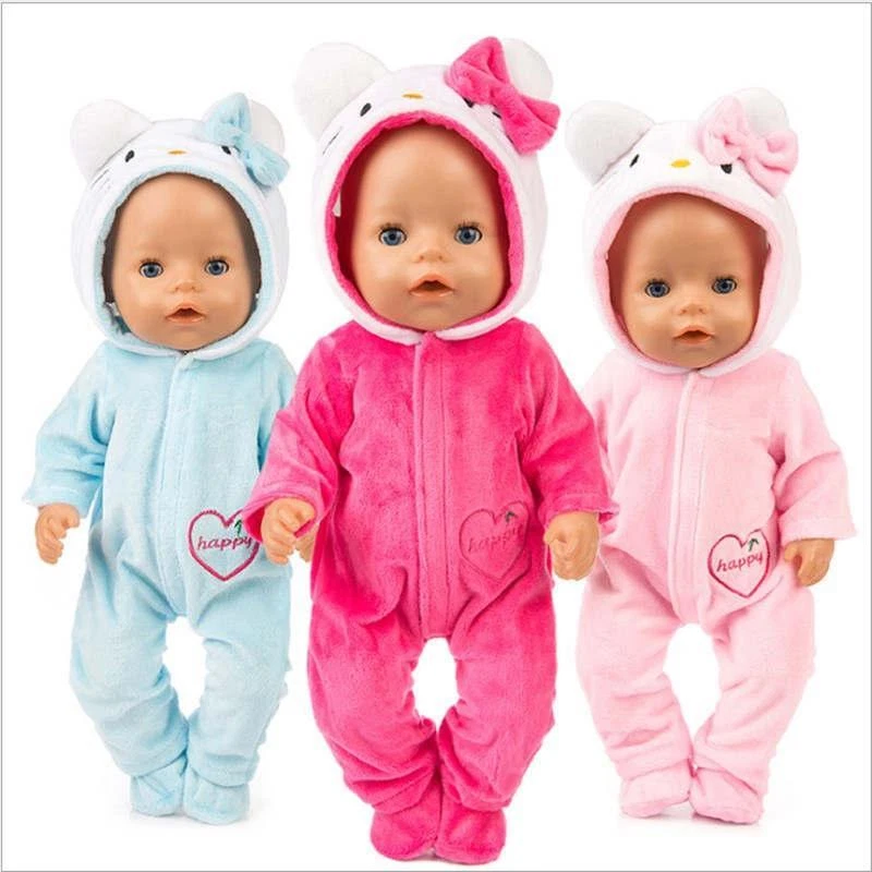 43cm Born New Baby Doll Clothes Pink Kitty Unicorn Pony Pajama Set 18 Inch Doll