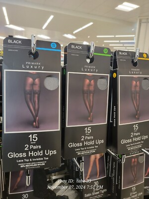 2 Paar Primark Superglanz halterlose Strümpfe Spitzentop & unsichtbare Spitze 15 Den schwarz