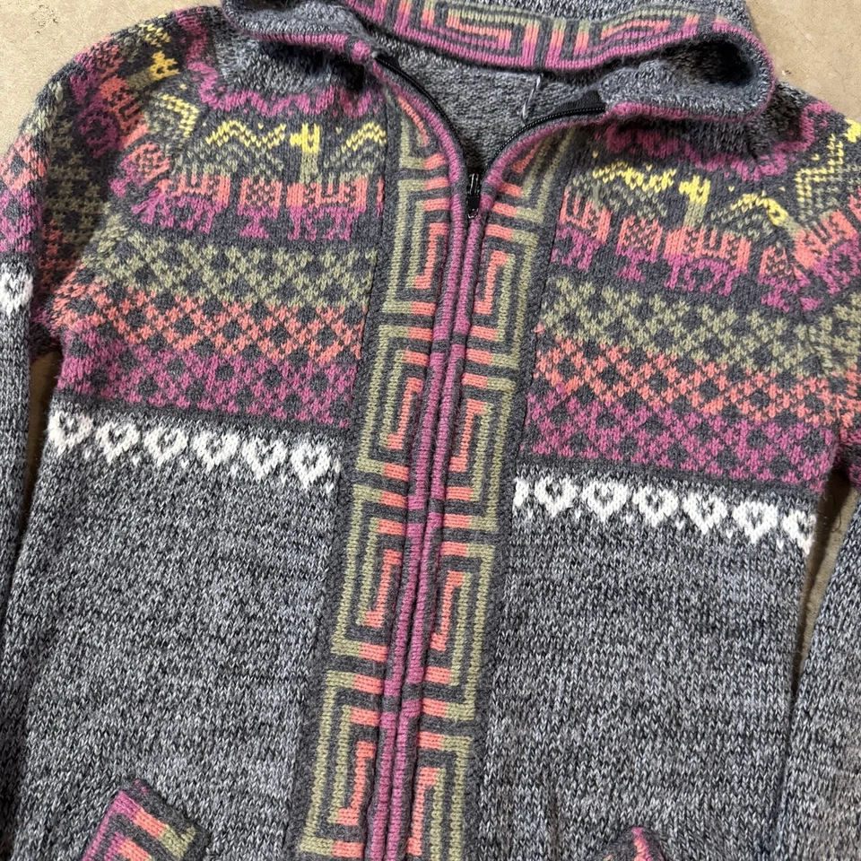 Sudadera con capucha tejida con cremallera patrón de llama de lana de alpaca para bebé vintage XS Foto 2 de 4