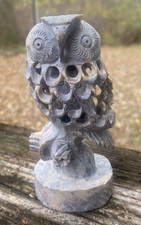 Soapstone Owl With Baby Owl Inside Artisan Crafted 4.5in Gray Sculpture Figurine