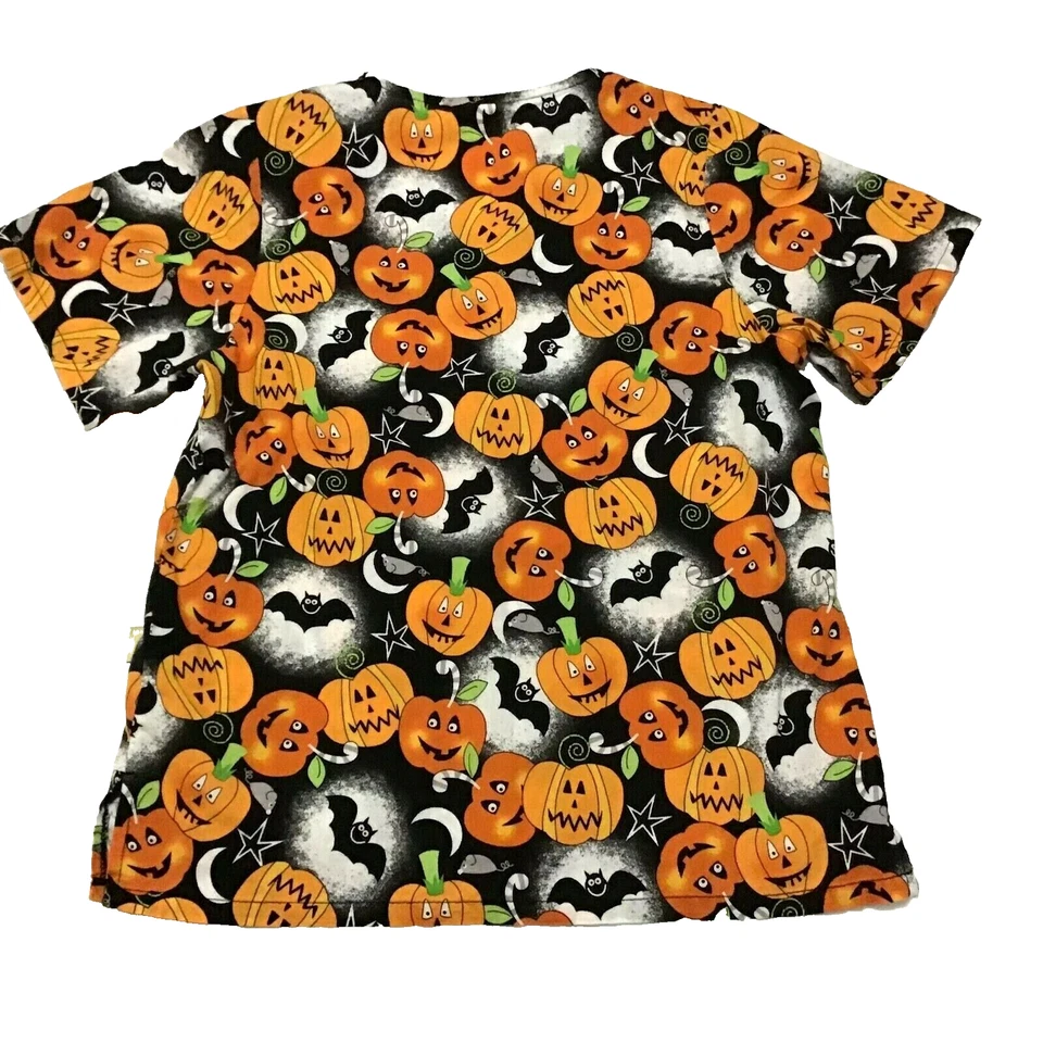 Halloween Scrub Top Womens Size XS Pumpkins Bats Jack-O-Lanterns Scrubs Nurse - Image 2 of 4