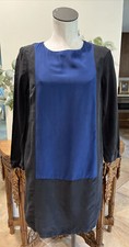 Madewell Womens XS Blue/black Silk 3/4 Sleeve Back Zip Pockets Shift Dress V