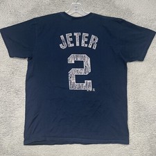 VTG Derek Jeter New York Yankees T Shirt Men's Sz L Blue 2 Majestic 2-Side RARE