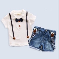 2PCS baby boys gentleman Outfits tops Denim suspender shorts outfits  set