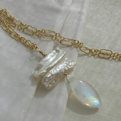 Mondstein barocke Biwa Zucht Perlen Kette Gold 585 14K GF Juan del Rio Designs