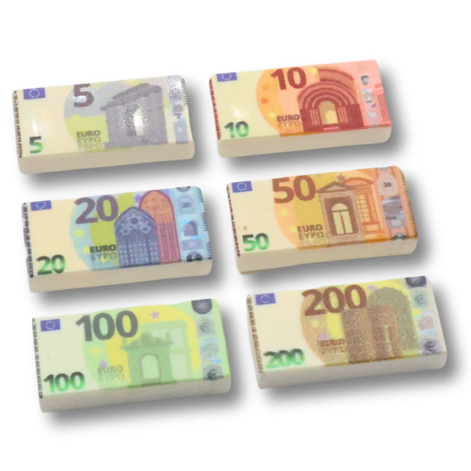 Euro-Geldscheine auf LEGO® 1x2 (3069) Fliesen, individuell bedruckt, weiß, NEU
