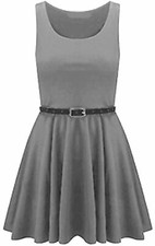   WOMENS LADIES SKATER DRESS SLEEVELESS TAILORED BELTED DRESSES SHORT PARTY SEXY