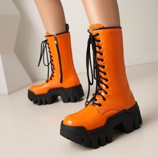 Women's Round Toe Platform 6.5cm Block Heels Creepers Thick-soled Mid Calf Boots