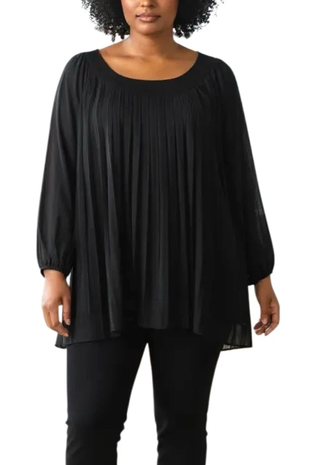 Blusa Columpio Taillissime Top Mujer 16W 1X Plus Negra Acordeón Plisado Manga 3/4 Foto 2 de 4