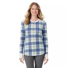 Cuddl Duds Cozy Stretch Thermal Long Sleeve Women's Crew Top Blue/Green Plaid S