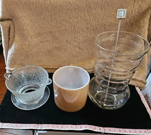 Vintage Pour Over Set: Bottomless Cone/Filt. & Ribbed Carafe & Federal Glass Mug