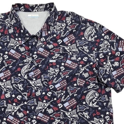 Columbia PFG Trollers Best Patriotic Fish Flag AOP SS Shirt FM7011 Navy Mens XXL
