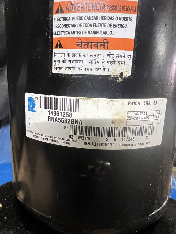 Tecumseh RNA5532BNA 14961258 Black Steel 208-230V R410A Industrial Compressor