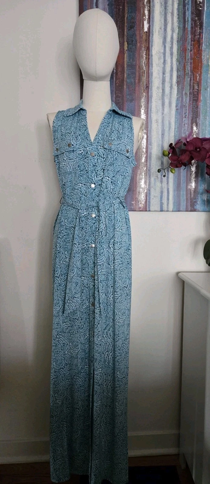 Maxi camicia donna Michael Kors stampa turchese con cintura senza maniche tasche