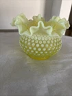Vantage UraniumYellow & White Hobnail Glass Vase, Iridescent  Finish,Ruffled Rim