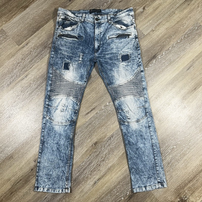 Marc Ecko Cut & Sew Moto Jeans Acid Wash Light Distressed Blue Denim Size 38x32