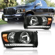 LED Headlight Assembly, 2006-2008 Dodge Ram Black Housing Amber Reflector LED