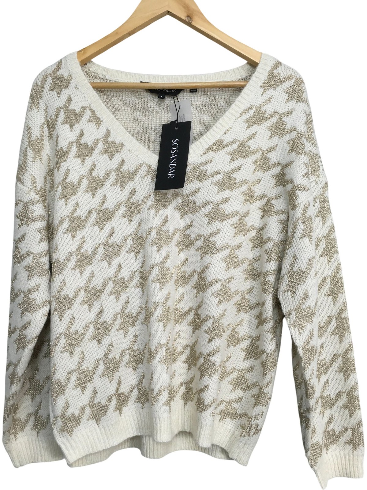 Sosandar Houndstooth Jumper Cream Gold Large Women's Knit Sweater BNWT (JF159F7)