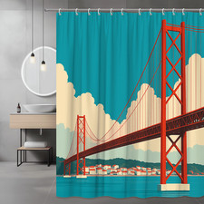 Red Bridge Shower Curtain - Coastal Design, Modern Art, Waterproof
