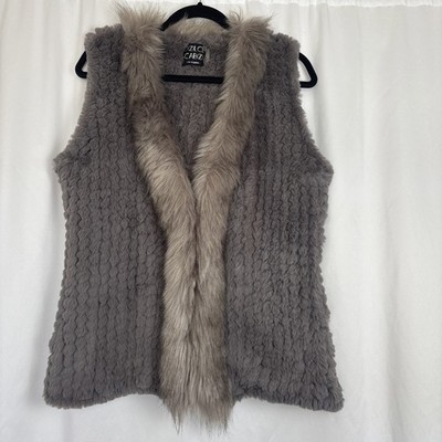 Vintage Dolce Cabo Faux Rabbit & Racoon Fur Grey Open Vest With Snaps Women's L