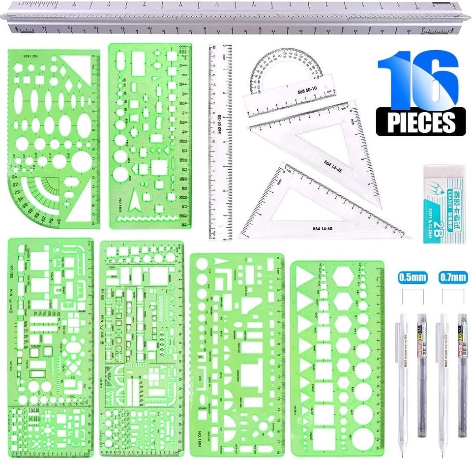 16-Piece Geometric Ruler Set with Templates & Drawing Tools for ...