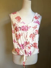 Lucky Brand Small Boho Cottage Core Wins Romantic Pink Red Floral Button Tie Top