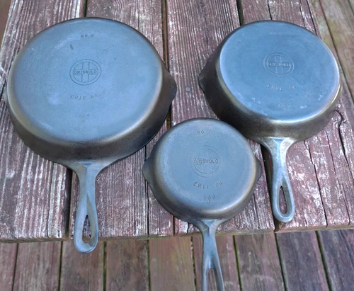 3 Griswold Cast Iron Skillets No. 3, 6 and 8 with small block logo's