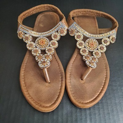 Women's Rhinestone Sandals Boho Flip Flop Elastic Band Beach Slip On Sz 39, US 8